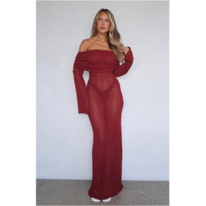 Made It Out Long Sleeve Boucle Maxi Dress Burgundy
