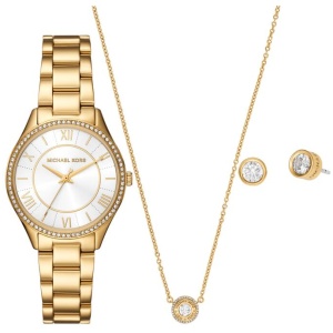 Michael Kors Lauryn Three-Hand Gold-Tone Stainless Steel Watch, Earrings and Necklace Gift Set MK4849SET