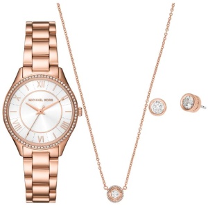 Michael Kors Lauryn Three-Hand Rose Gold-Tone Stainless Steel Watch, Earrings and Necklace Gift Set MK4850SET