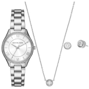 Michael Kors Lauryn Three-Hand Stainless Steel Watch, Earrings and Necklace Gift Set MK4851SET