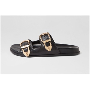 Mollini Heyli Mo Black Gold Buckle Leather Black Gold Buckle Sandals Womens Shoes Casual Sandals Flat Sandals