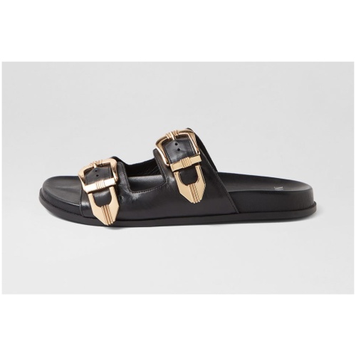 Mollini Heyli Mo Black Gold Buckle Leather Black Gold Buckle Sandals Womens Shoes Casual Sandals Flat Sandals