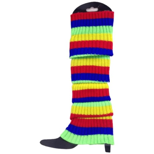 RAINBOW LEG WARMERS Stocking Ribbed High Knitted Socks Chunky Dance 80s Party - Rainbow