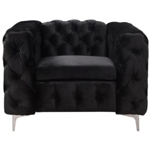 Single Seater Black Sofa Classic Armchair Button Tufted in Velvet Fabric with Metal Legs