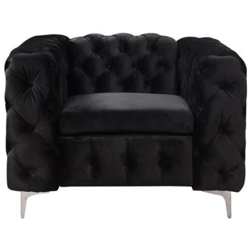 Single Seater Black Sofa Classic Armchair Button Tufted in Velvet Fabric with Metal Legs