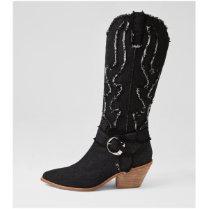 Top End Daya To Black Denim Fabric Black Denim Boots Womens Shoes Casual Long Boots