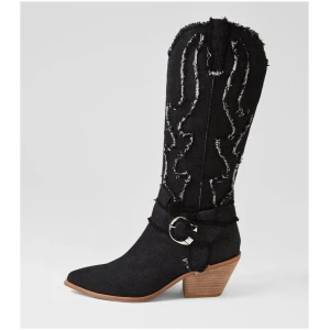 Top End Daya To Black Denim Fabric Black Denim Boots Womens Shoes Casual Long Boots