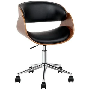 Wooden Office Chair Leather Seat Black