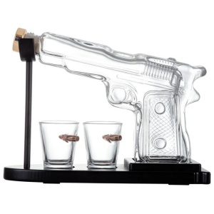 1.2L Whisky or Wine Decanter Glass Pistol Set - 2 Shot Glasses + Wooden Stand