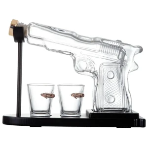 1.2L Whisky or Wine Decanter Glass Pistol Set - 2 Shot Glasses + Wooden Stand
