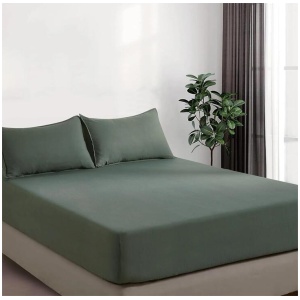 100% Vintage Washed Microfibre Fitted Sheet Set - Ultra Soft & Lightweight All-Season Fitted Sheet with 2 Pillowcases (Khaki Green, Double Size)