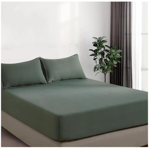 100% Vintage Washed Microfibre Fitted Sheet Set - Ultra Soft & Lightweight All-Season Fitted Sheet with 2 Pillowcases (Khaki Green, Queen Size)