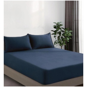 100% Vintage Washed Microfibre Fitted Sheet Set - Ultra Soft & Lightweight All-Season Fitted Sheet with 2 Pillowcases (Navy Blue, Double Size)