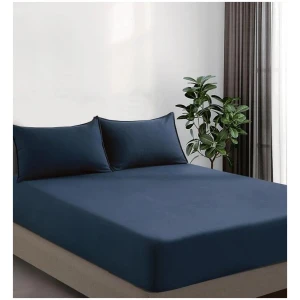 100% Vintage Washed Microfibre Fitted Sheet Set - Ultra Soft & Lightweight All-Season Fitted Sheet with 2 Pillowcases (Navy Blue, King Size)