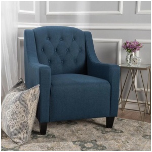 Canberra Linen Fabric Tufted Armchair in Dark Blue