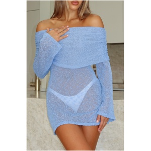 Can't Leave Me Long Sleeve Boucle Mini Dress Cornflower Blue