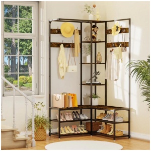 Corner Coat Stand with Shoe Bench Metal & MDF Organizer