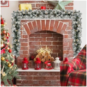 Costway270CM Flocked Christmas Rattan with Timer & LED Lights for Mantle