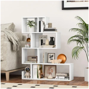 Costway5-Tier S-Shaped Bookshelf Z-Shelf Freestanding Storage Rack-White