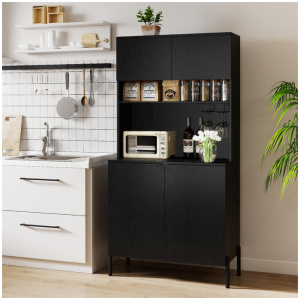 CostwayKitchen Pantry Cabinet with Charging Station 164 cm Tall Wine Bar Cabinet-Black