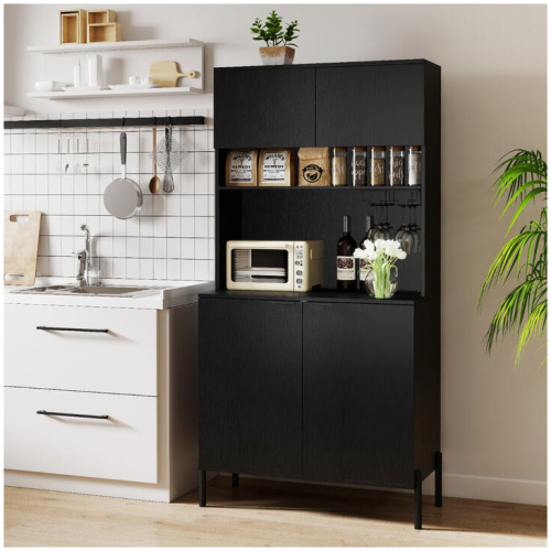 CostwayKitchen Pantry Cabinet with Charging Station 164 cm Tall Wine Bar Cabinet-Black