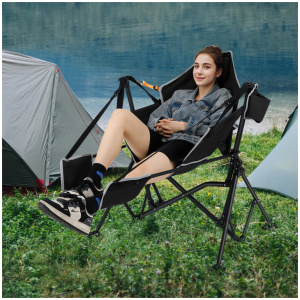 CostwayOversized Hammock Camping Chair with Footrest and Cup Holder-Black