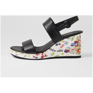 Django & Juliette Paradicee Dj Black Amalfi Print Leather Black Amalfi Print Sandals Womens Shoes Casual Heeled Sandals