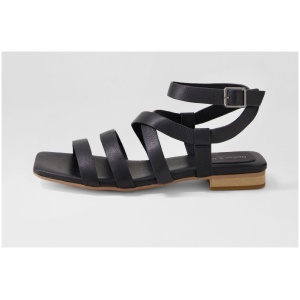 Django & Juliette Pompey Dj Black Leather Black Sandals Womens Shoes Casual Sandals Flat Sandals