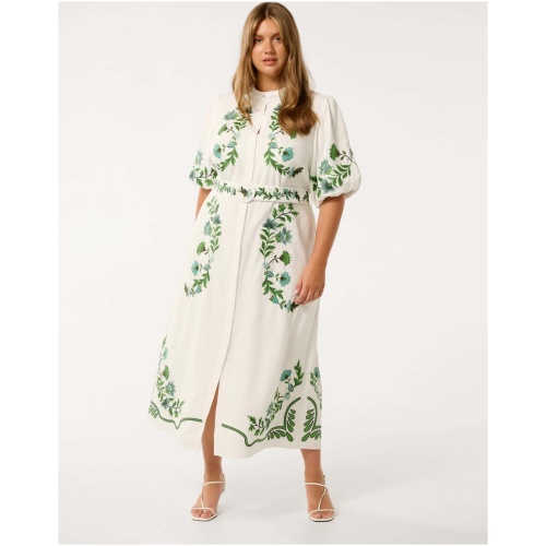 Forever New Women's Beth Curve Plus Size Embroidered Shirt Dress in Green Livia Floral