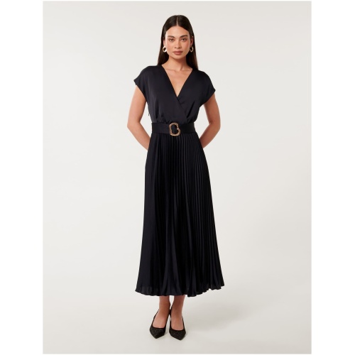 Forever New Women's Catherine Satin Pleated Midi Dress in Navy