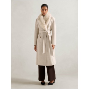 Forever New Women's Chelsea Petite Double-Breasted Faux Fur Collar Coat in Oatmeal Marle