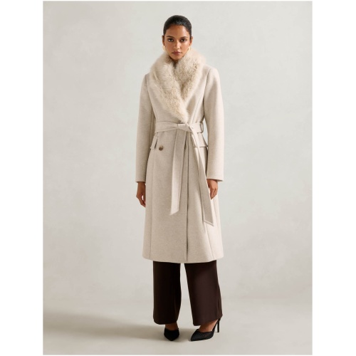 Forever New Women's Chelsea Petite Double-Breasted Faux Fur Collar Coat in Oatmeal Marle
