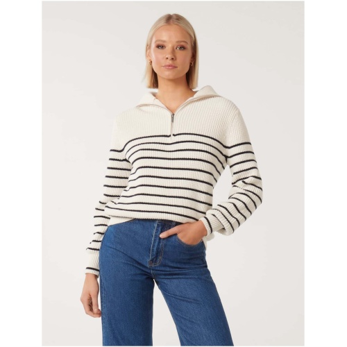 Forever New Women's Danielle Quarter Zip Knit Jumper in Cream/Navy Stripe
