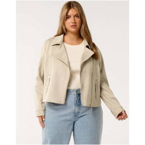 Forever New Women's Indie Curve Vegan Suede Biker Jacket in Soft Oat