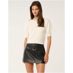 Forever New Women's Maria Embellished Collar Knit Tee Shirt in Cream