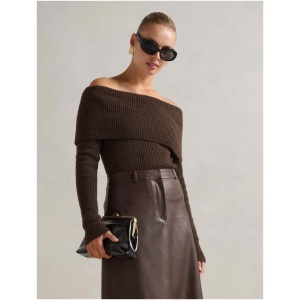 Forever New Women's Mariah Boucle Bardot Jumper in Shadow Brown