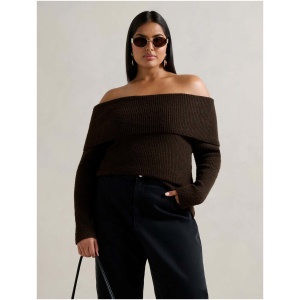 Forever New Women's Mariah Curve Plus Size Boucle Bardot Jumper in Shadow Brown