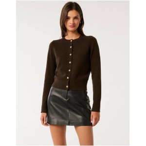 Forever New Women's May Crew Neck Cardigan Sweater in Chocolate