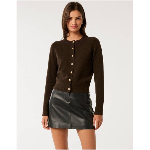 Forever New Women's May Crew Neck Cardigan Sweater in Chocolate