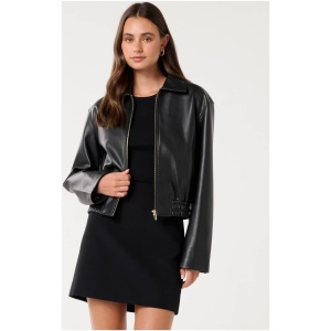 Forever New Women's Melinda Faux Leather Bomber Jacket in Black