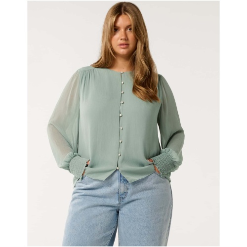 Forever New Women's Piper Curve Plus Size Gathered Blouse in Green Milieu