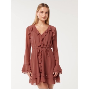 Forever New Women's Piper Ruffle Long Sleeve Mini Dress in Dark Rose
