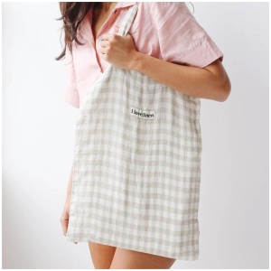 French Flax Linen Market Bag in Beige Gingham