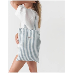 French Flax Linen Market Bag in Marine Blue Stripe