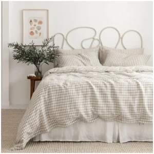 French Flax Linen Quilt Cover Set in Beige Gingham, King
