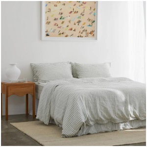 French Flax Linen Quilt Cover Set in Sage Stripe, King