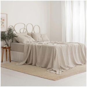 French Flax Linen Sheet Set in Beige Gingham, King / 40cm