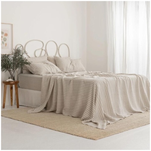 French Flax Linen Sheet Set in Beige Gingham, Queen / 30cm