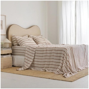 French Flax Linen Sheet Set in Hazelnut Stripe, King / 30cm
