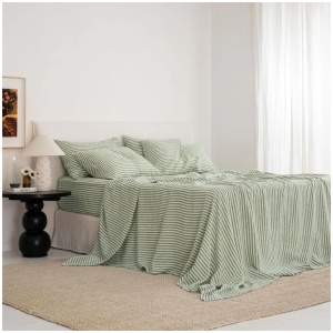 French Flax Linen Sheet Set in Ivy Stripe, King / 50cm